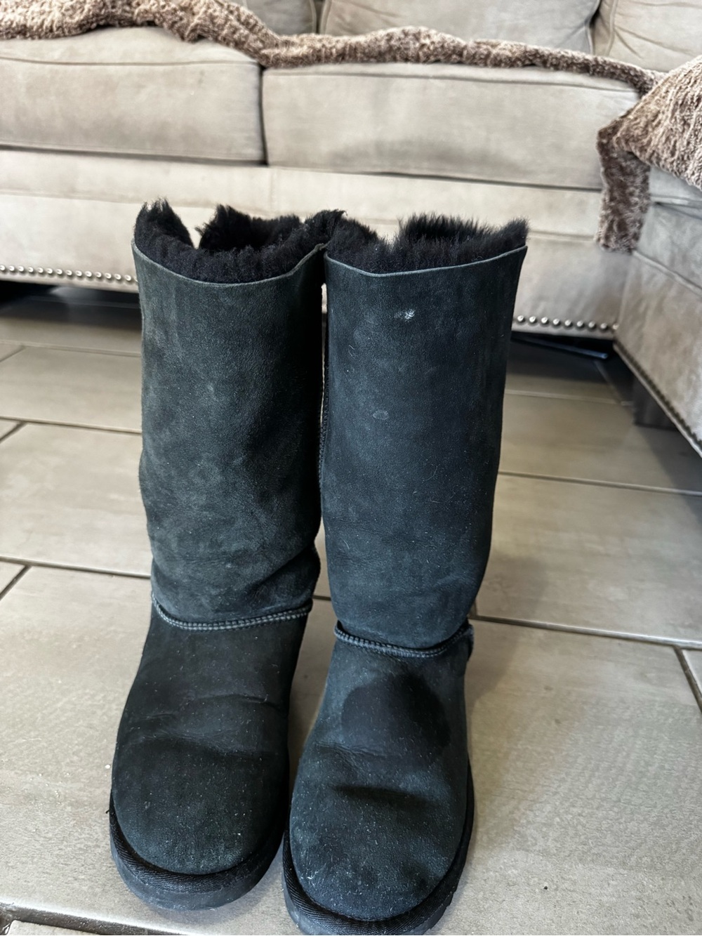 UGG Black Suede Mid-Calf Shearling Boots